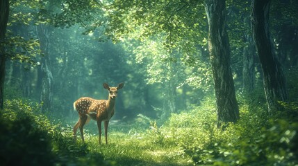 Fawn standing in a sun-dappled forest.
