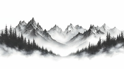 Misty Mountain Peaks Rise Majestically Above a Dark Forest, Creating a Serene Landscape