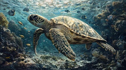 Majestic Sea Turtle Gracefully Swims Through Coral Reef