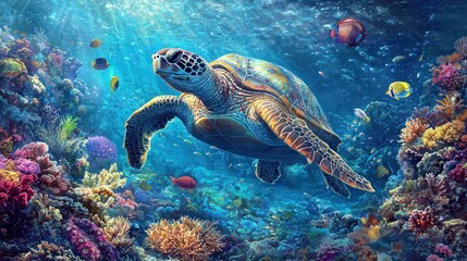 Fototapeta premium Majestic Sea Turtle Gracefully Swims Through Vibrant Coral Reef
