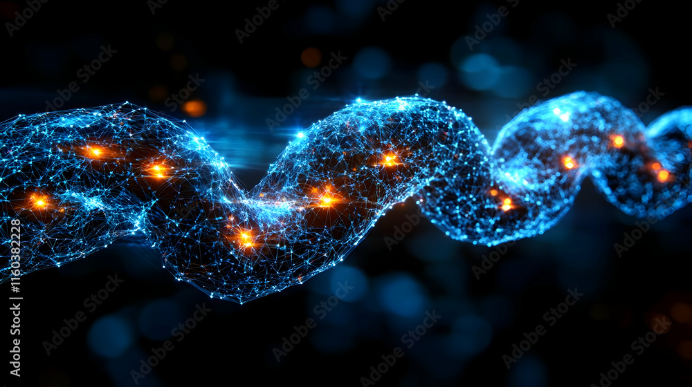 Poster abstract 3d rendering of a glowing blue and orange spiral network in a dark background
