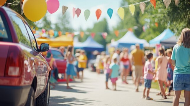 Local car trade-in day at a summer festival. Featuring entertainment and trade-in booths