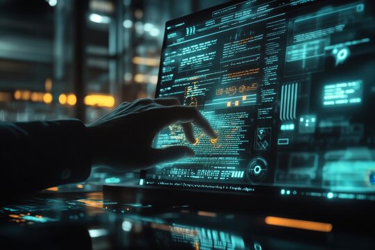 Hand interacting with futuristic digital interface on laptop. - Powered by Adobe