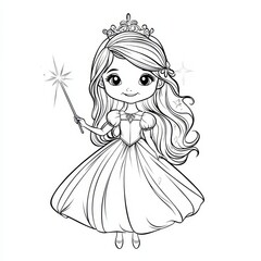 Enchanted Princess: A whimsical illustration of a charming princess, adorned with a crown and holding a shimmering magic wand, exudes an air of fairy-tale enchantment. Perfect for coloring books.