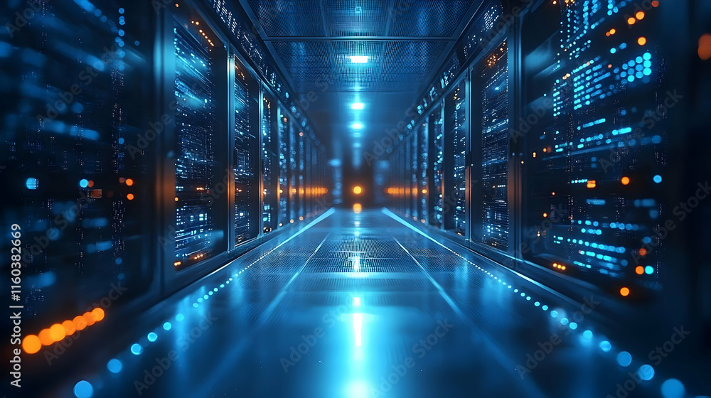 Aufkleber server room network data center storage information technology corridor futuristic background.