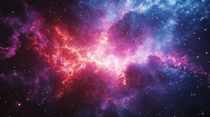 Naklejka premium Cosmic nebula with red and blue hues, stars, and gas clouds.