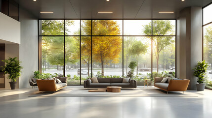 Modern Lobby Interior Design Showcases Comfortable Seating and Large Windows Overlooking Lush Greenery
