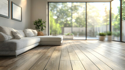 Modern Living Room Interior Design Showcases a Comfortable Sofa, Wooden Floors, and Large Windows with Garden View.