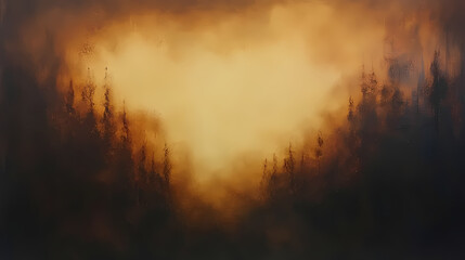 Obraz premium Golden Hour Forest: An atmospheric landscape painting, evocative of a mystical forest bathed in the warm glow of the setting sun. The dark silhouettes of trees create a sense of depth and mystery.