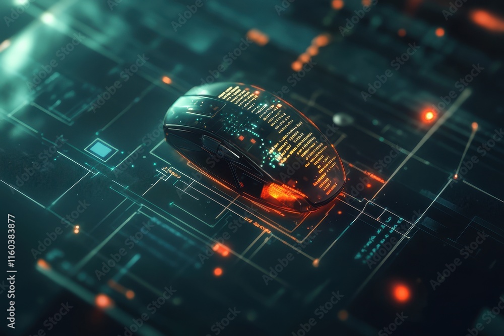 Aufkleber futuristic transparent computer mouse on digital circuit board.
