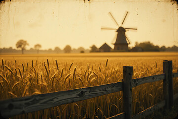 Vintage Photo of Grain Field with Golden Hue, Weathered Wooden Fence, and Windmill Silhouette