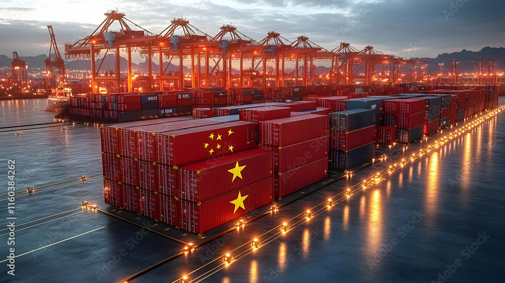 Poster cargo containers with flag at a busy port at dusk with cranes and mountains