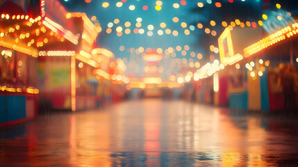 Blurry Amusement Park Reflects in Rainy Street with Colorful Lights at Night