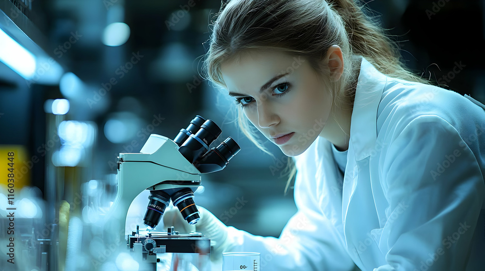 Poster scientist conducts research using microscope in laboratory precisely and carefully