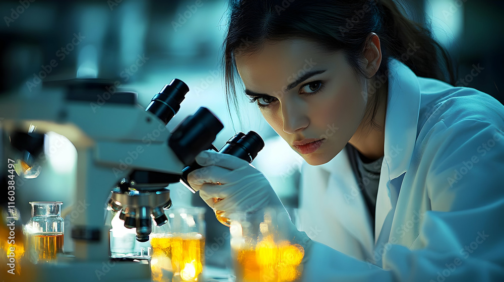 Poster scientist analyzes samples under microscope in laboratory with precision and focus