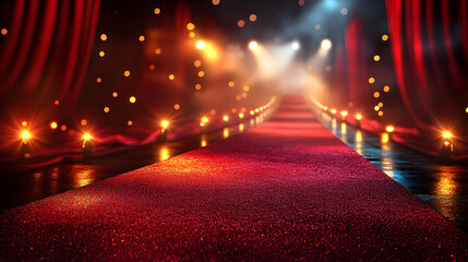 Red Carpet Rolls Out Majestically Illuminated by Spotlights with Red Curtains Draped Elegantly