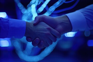 Close-up of a handshake between two businessmen in a futuristic setting with blue lights.