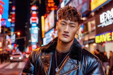 Obraz premium Stylish young man posing in times square new york city portrait photography urban nightlife close-up fashion vibes