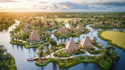 Obraz premium Scenic view of eco-friendly huts on islands surrounded by water and greenery.