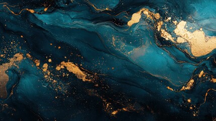 Abstract Teal And Gold Swirling Paint Design