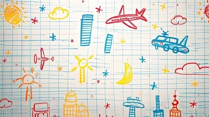 A charming collection of children's doodles featuring cars, airplanes, and buildings, with uneven and colorful lines drawn on a textured white sheet, 8k UHD, suitable for high-quality printing 