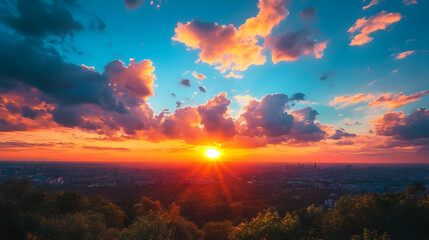Fototapeta premium Vibrant Sunset Illuminates Cityscape with Colorful Clouds and Golden Sunlight
