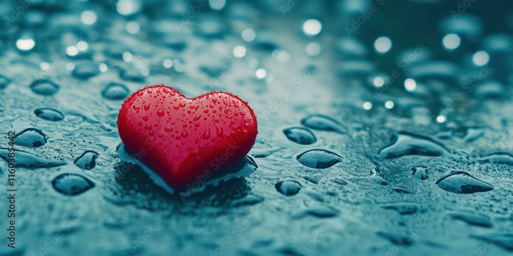 Poster red heart is on a wet surface