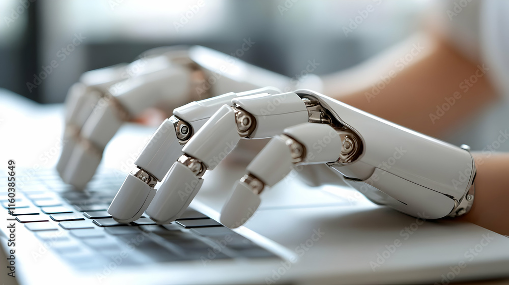 Poster robotic hand types on laptop keyboard efficiently and quickly in a modern office setting