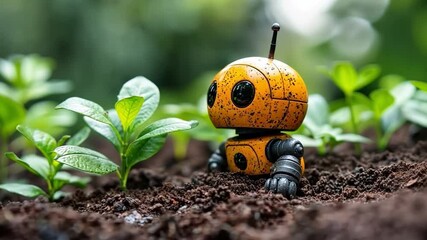 Cute Robot in Garden: A charming, rusty-orange robot sits amidst lush green seedlings in a rich brown soil.  A whimsical image evoking themes of technology, nature, and the future.