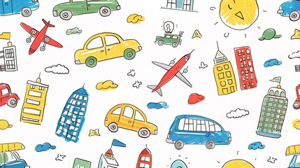 A charming collection of children's doodles featuring cars, airplanes, and buildings, with uneven and colorful lines drawn on a textured white sheet, 8k UHD, suitable for high-quality printing 