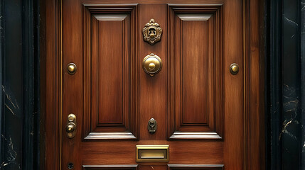 Fototapeta premium Elegant Wooden Door with Brass Fixtures Beautifully Adorns a Building Entrance Securely.