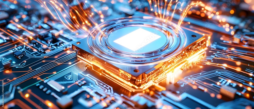 Poster a computer chip with a white square on it