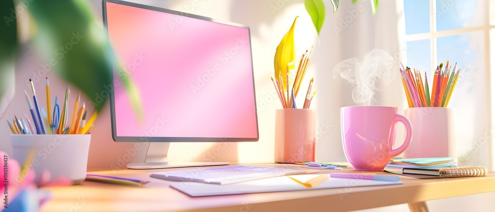 Poster a computer monitor sits on a desk with a yellow curtain behind it