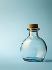 A clear glass bottle with a wooden cork on a soft blue background.