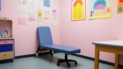 Empty pediatric clinic featuring vaccination posters, conveying a message of preparedness and public health awareness in a serene and hygienic environment.
