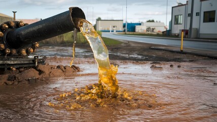 A pipe is continuously pouring yellow colored liquid into a muddy puddle