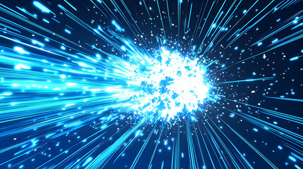 Naklejka premium Abstract Blue Light Streaks Radiate from a Bright Center with Particles Dynamically