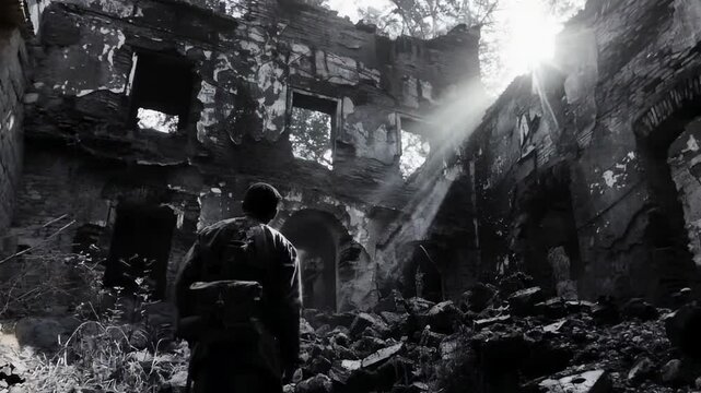 Echo of conflict: war frozen in time, embodying fear, sorrow, harsh realities of history, stirring profound emotions as it portrays tragedy, weight carried by those shaped by great wars.