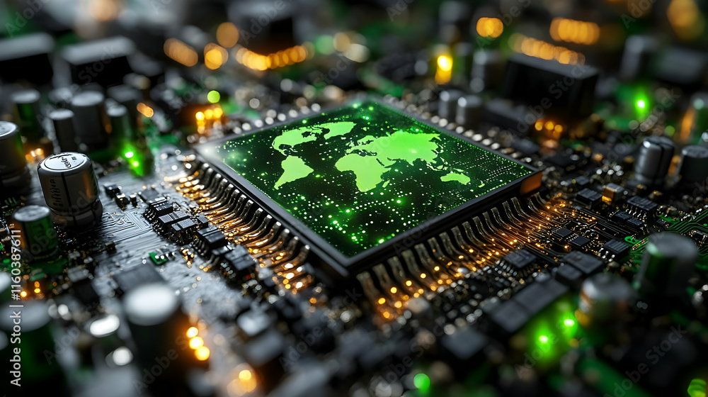 Poster green world map displayed on computer chip illuminates global connectivity efficiently