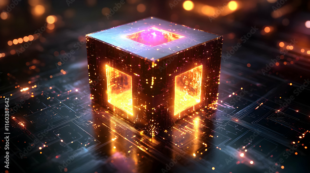 Poster glowing cube emits light on circuit board background with futuristic technology theme