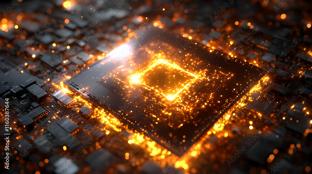 Poster a 3d render of a futuristic circuit board with glowing sparks and dynamic lighting effects.