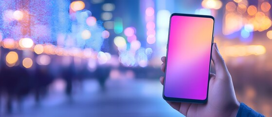 A person is holding a cell phone in front of a Christmas tree
