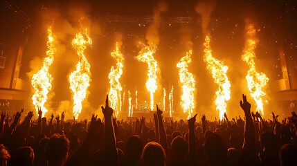 Crowd Enjoys Live Music Concert with Fire Effects and Stage Lighting