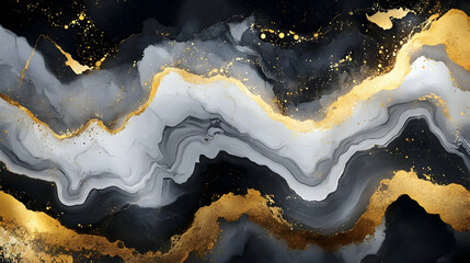 Obraz premium Black White Gold Abstract Art Flows Beautifully