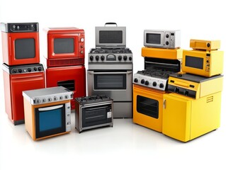 Obraz premium A collection of colorful kitchen appliances including ovens and microwaves.