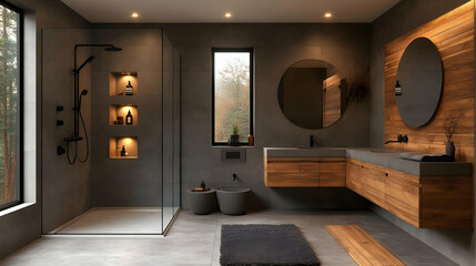 Modern Bathroom Interior Design Showcases a Walk-in Shower, Wooden Vanity, and Stylish Fixtures Beautifully