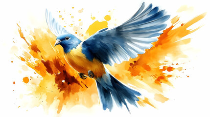 Obraz premium Bird Flies Gracefully with Orange, Blue Wings and Watercolor Splash Background