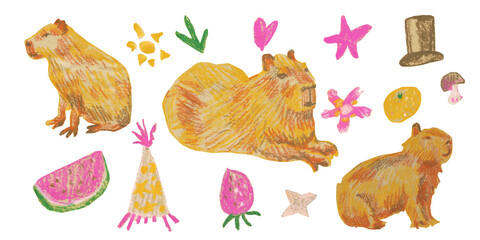 Capybaras clip art drawn with wax crayons on white isolated background. Children's collection of botanical illustrations with oil pastels. Design for postcards, stickers, social media, posters.