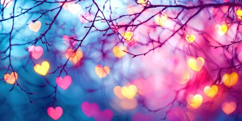 Obraz premium Tree with pink and yellow leaves and pink and yellow hearts