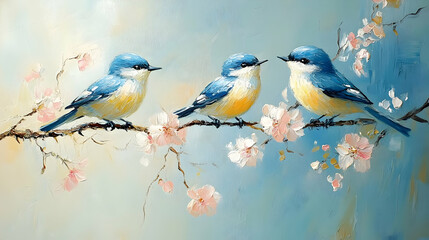 Obraz premium Bluebirds Perch on Blossoming Branch in Spring Harmony